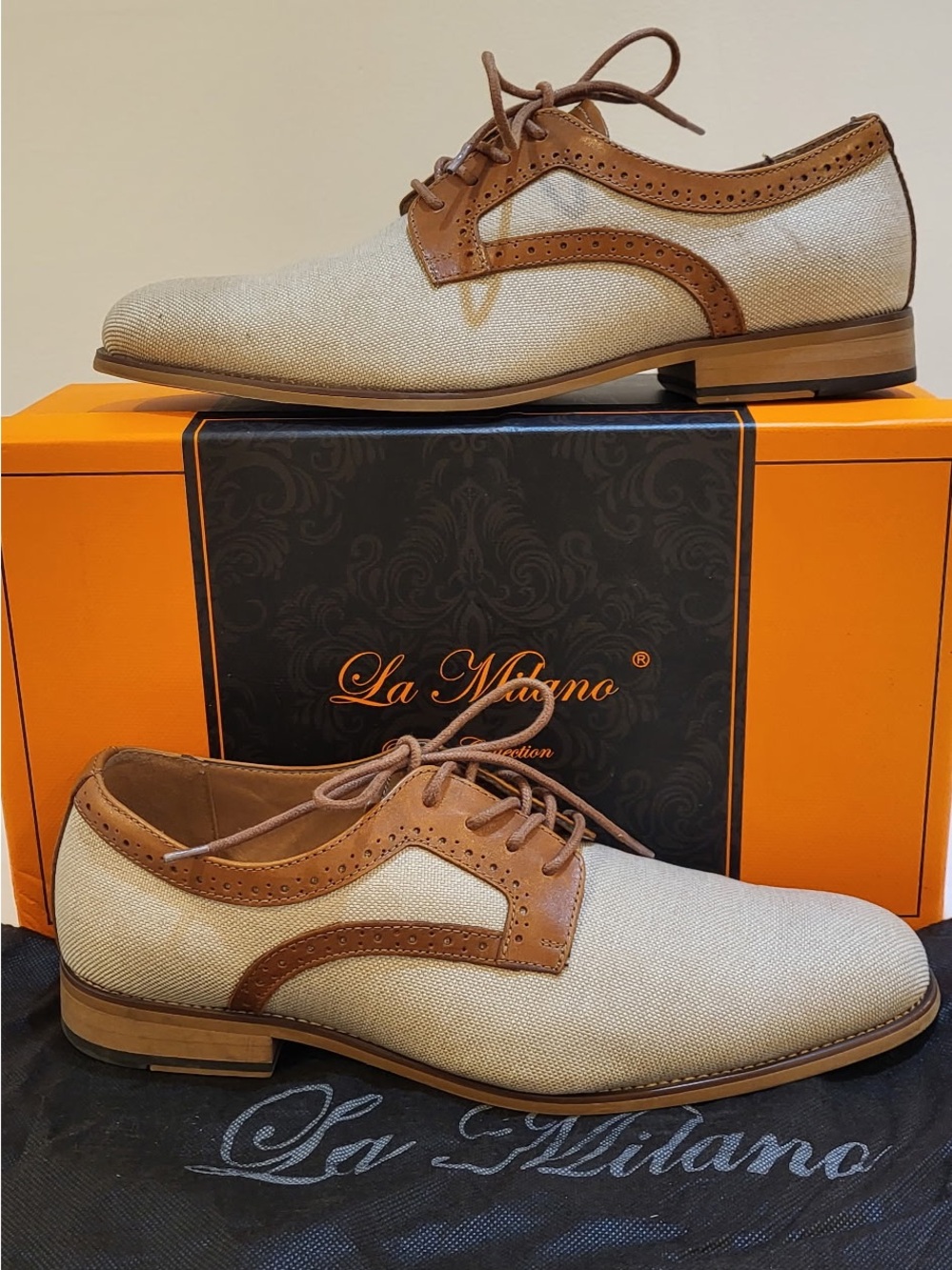 LA MILANO Edison tan leather-trim and canvas oxford shoes
